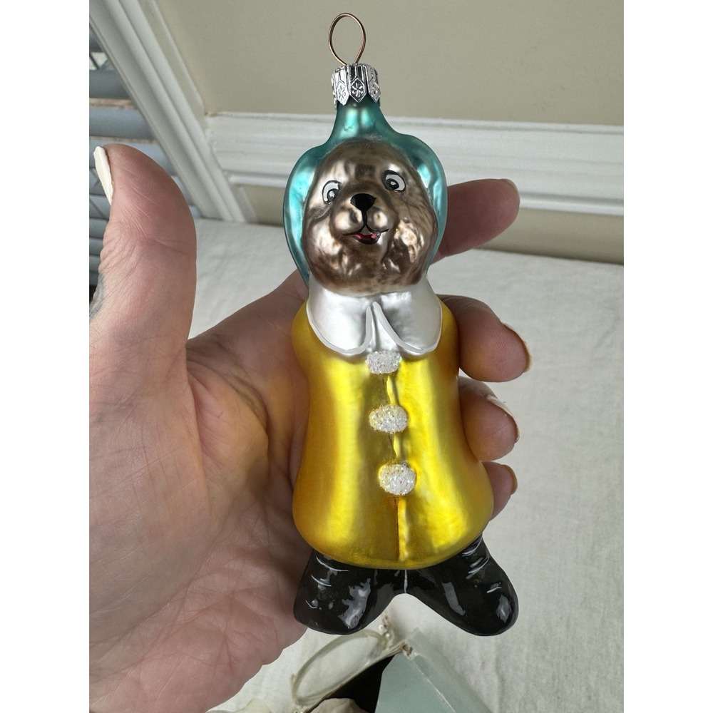 Vintage Glass Bear Ornament Yellow Coat Teal Hood Glitter Accents 5.5"